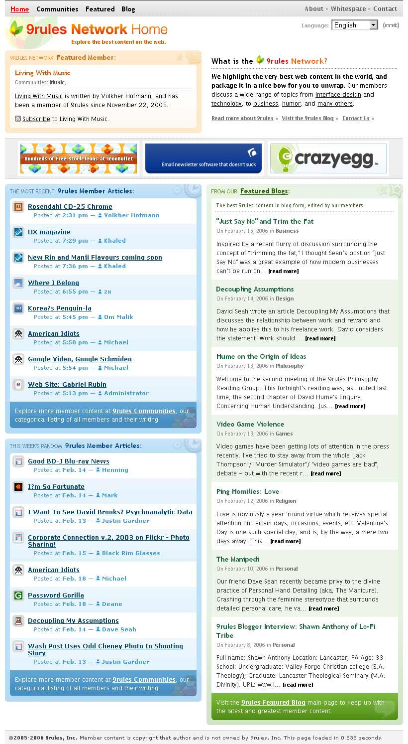 The 9rules Network Homepage.