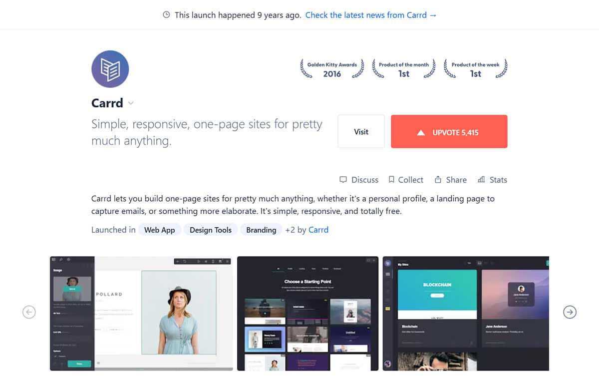 Carrd on the ProductHunt website.